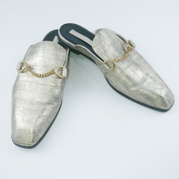 Stella McCartney Shoes - Stella McCartney Mule Gold Croc-Effect Chain Detail Vegan Leather 11